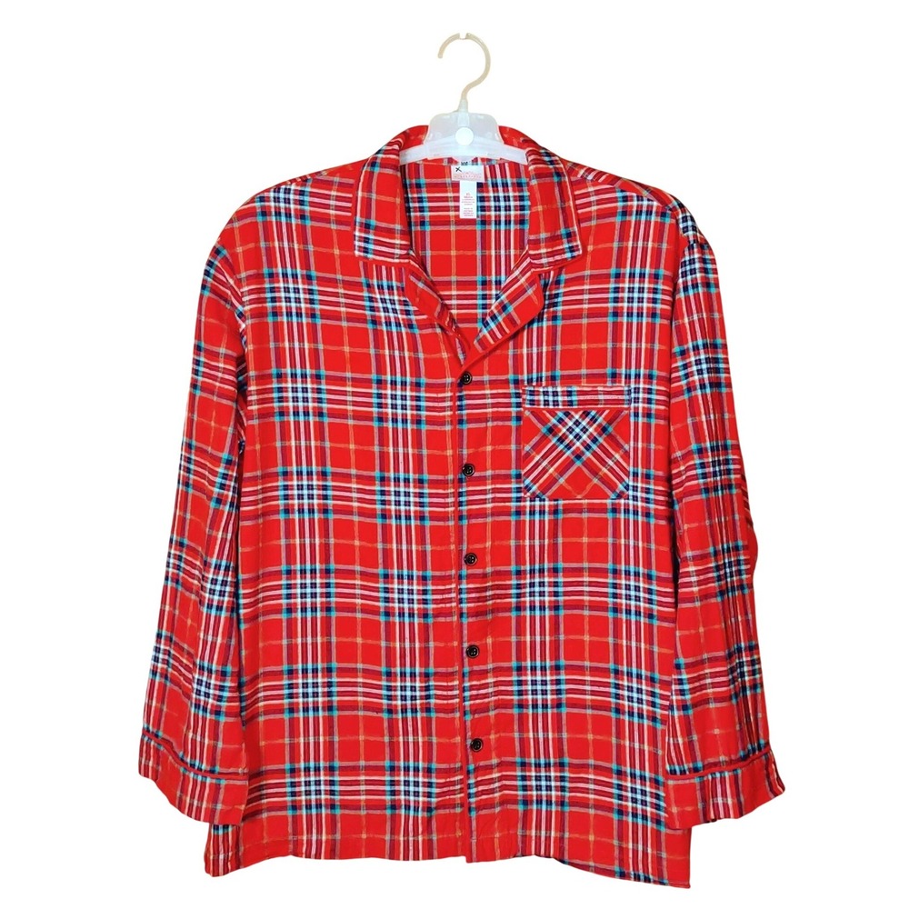 Mens 100% Cotton XL Red Plaid Pajama Top Long Sleeve Button Down‎ Sleepwear